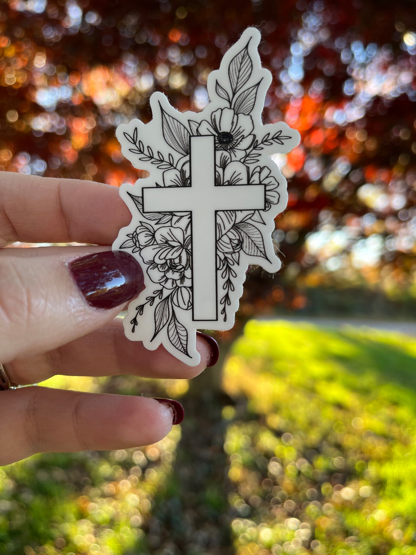 CROSS WITH PEONIES STICKER - black and white