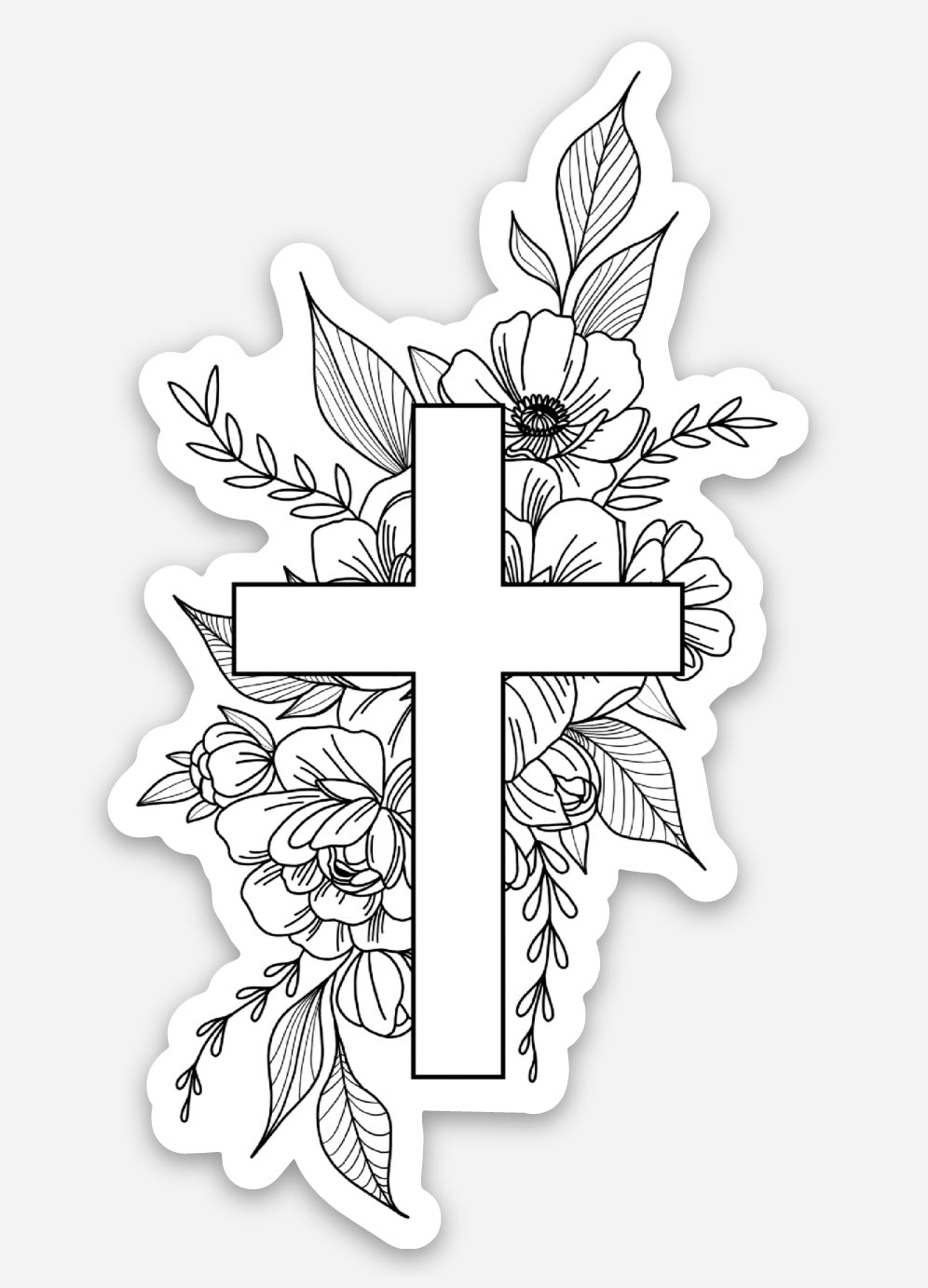 CROSS WITH PEONIES STICKER - black and white